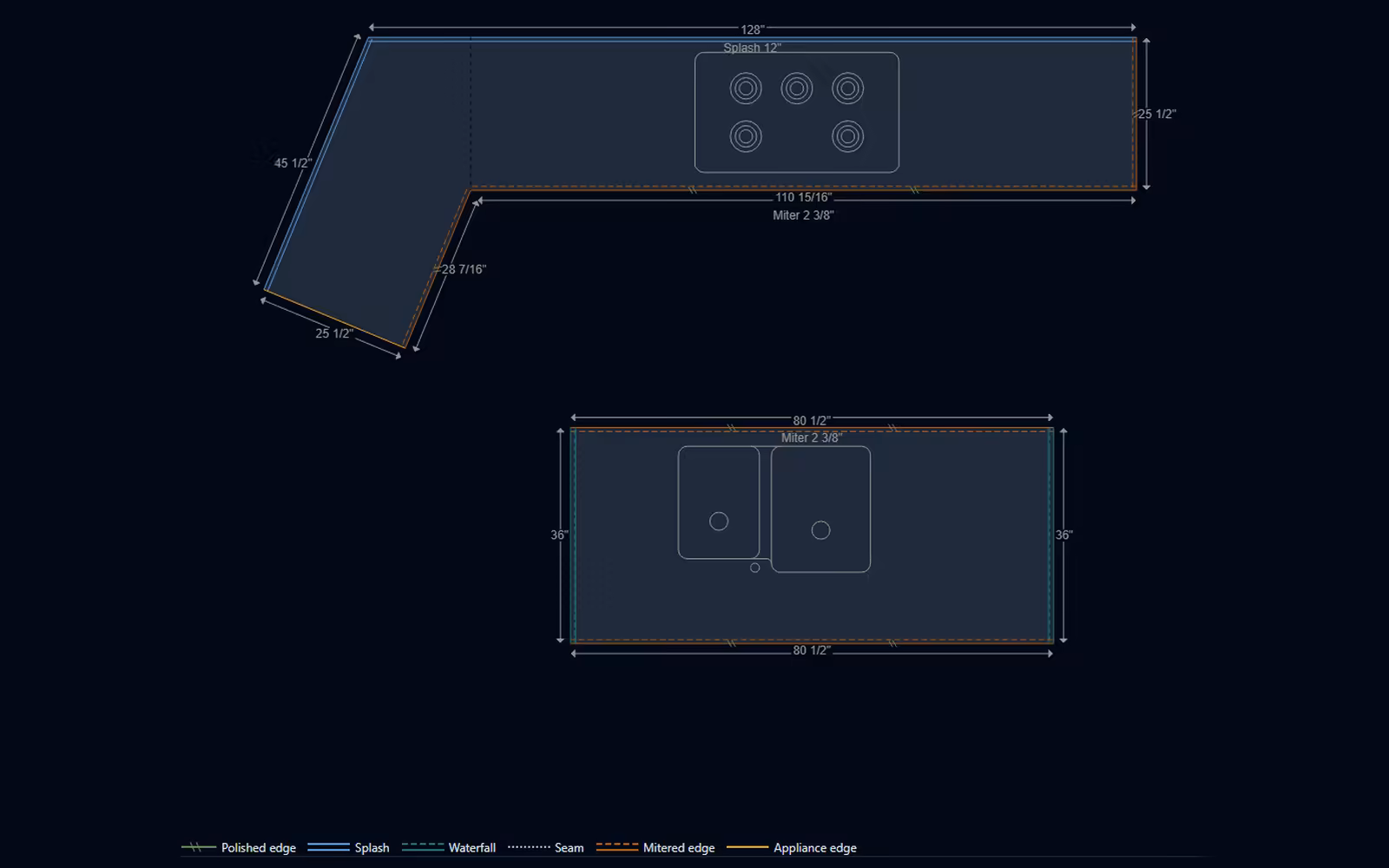 The quote screen: an auto-dimensioned kitchen countertop drawing, with each run's edge treatment keyed to a legend.
